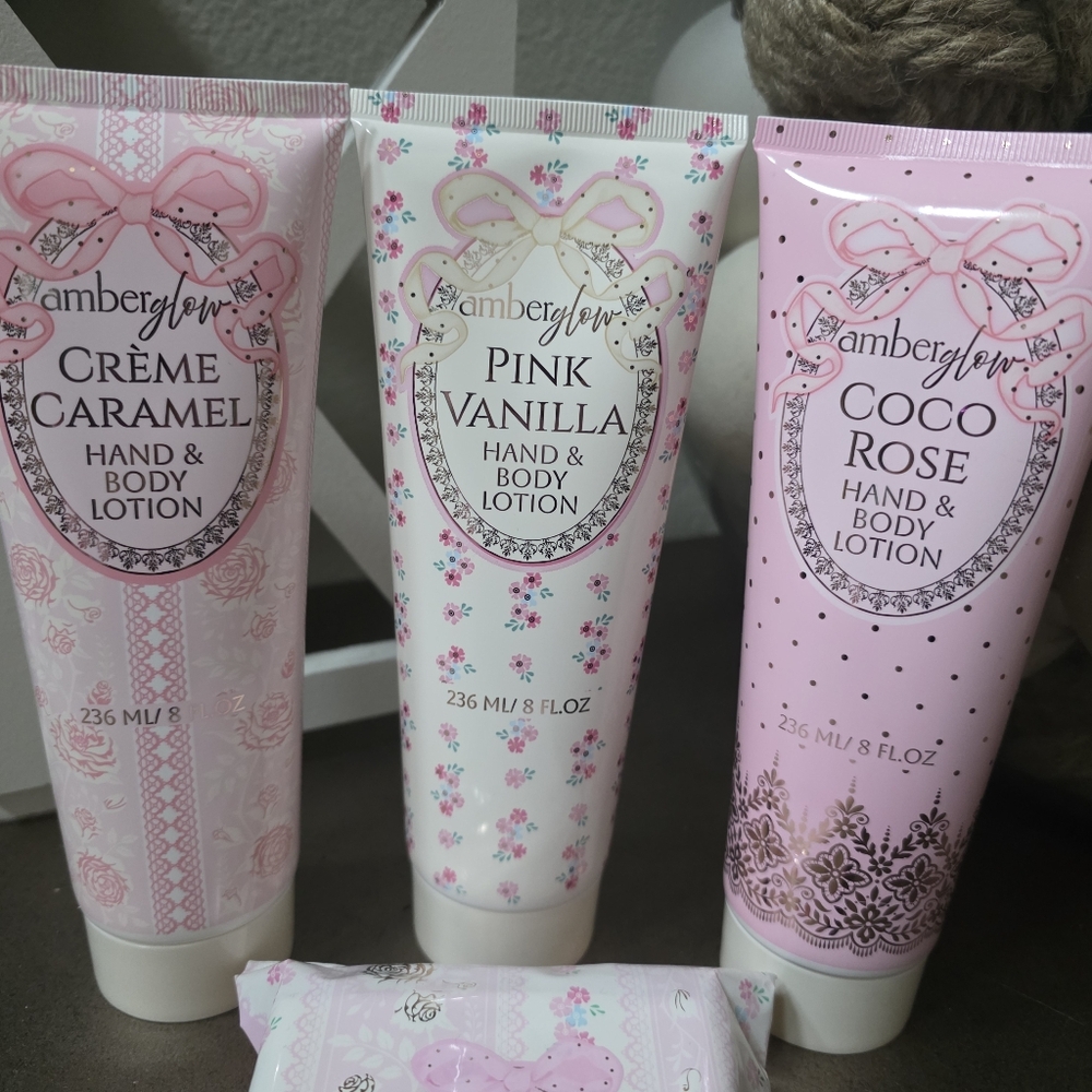 AmberGlow Viral Hand & Body Lotion Set - Pink, White, Cream + Cocunut Hand Wipes